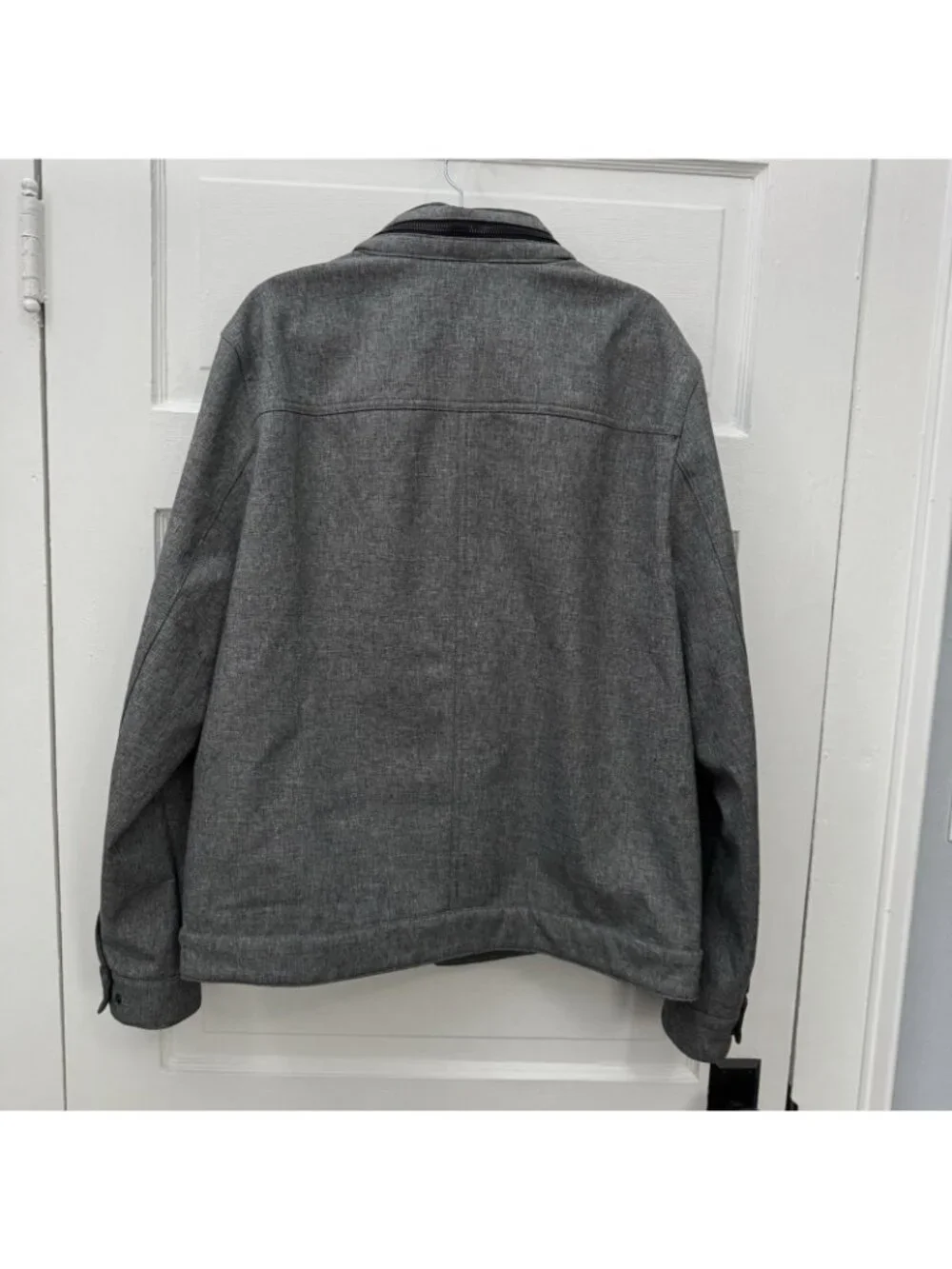 Levi’s Gray Hooded Trucker Jacket L Snap Front Fleece Lined Hidden Hood FLAW